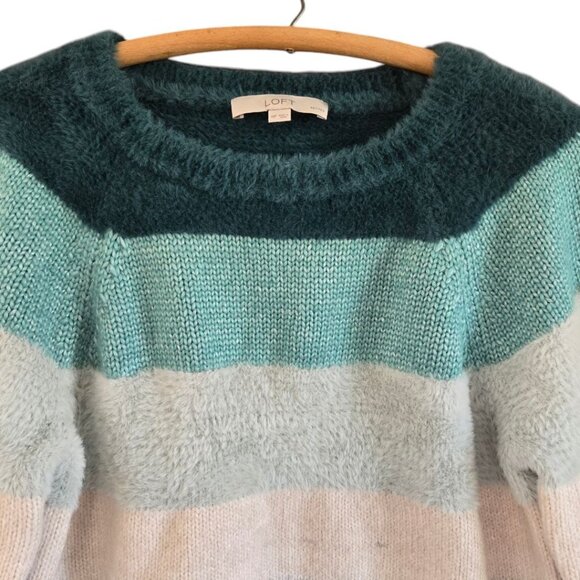 Loft Petite Medium Striped Sweater Crew Neck Soft Knit Teal Gray White Cozy Warm - Picture 3 of 6